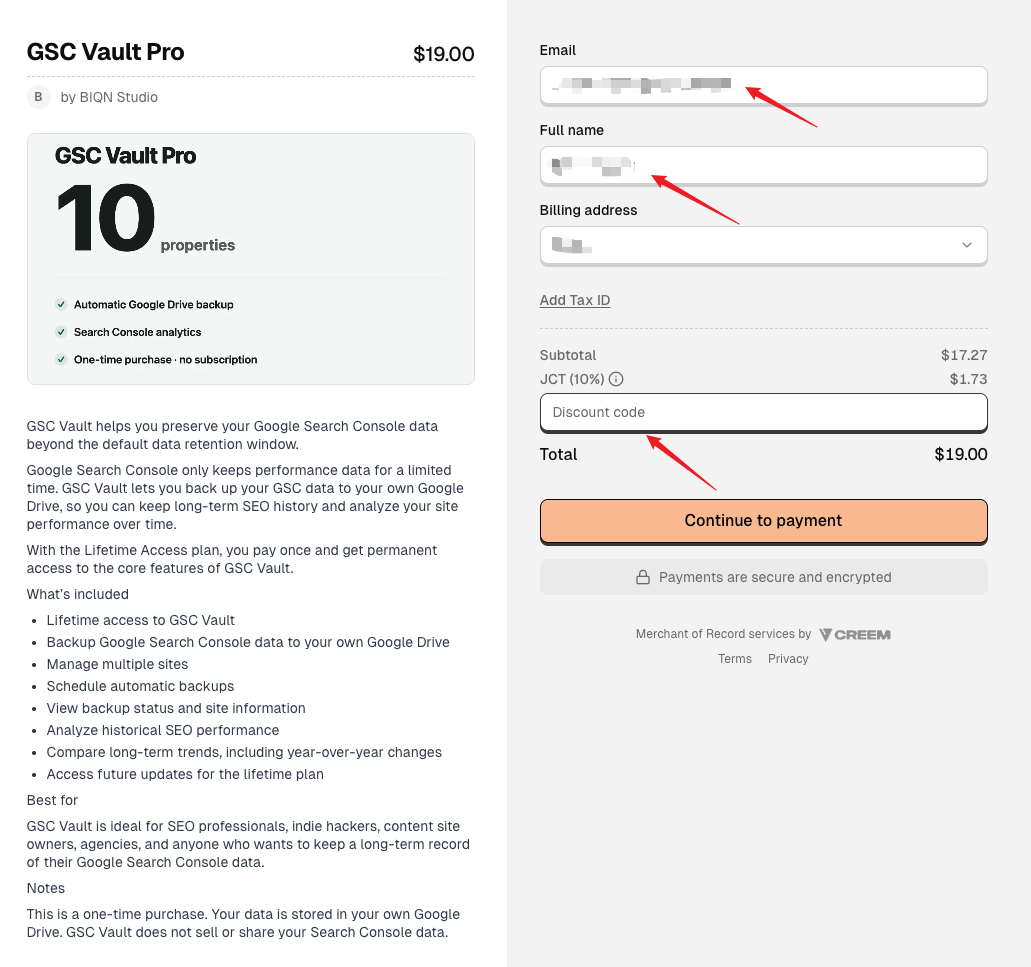 GSC Vault Pro checkout showing the Email, Full name, and Discount code fields