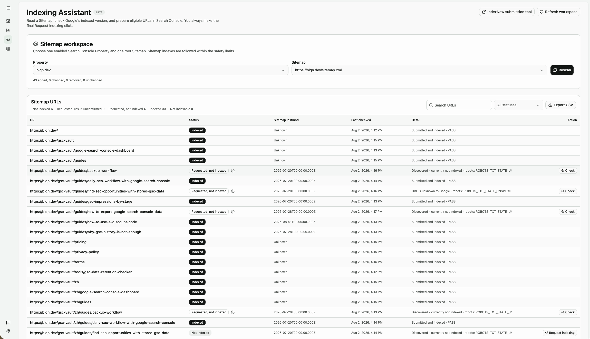 GSC Vault Indexing Assistant showing the Sitemap workspace, URL states, and actions