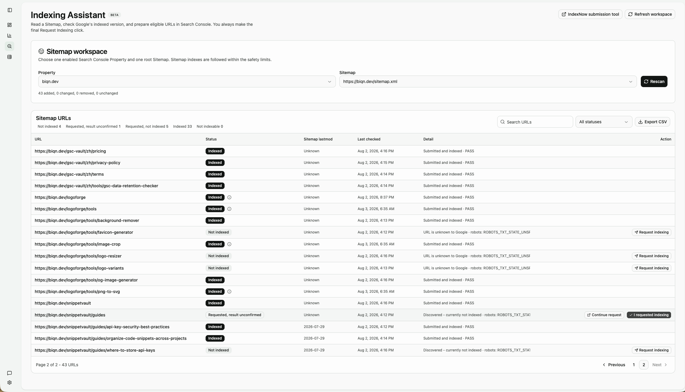 GSC Vault Indexing Assistant showing an unconfirmed request, requested not indexed state, and Check action